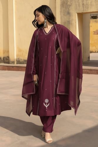 Image of ANNI Designer Women Ethnic Kurta Pant Set Rayon Viscose Straight Fit Solid Embroidered Dupatta Traditional Indian Wear Outfit Suitable Casual Festive Office Styling