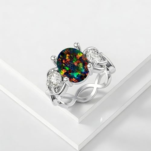 Image of 0.3 Carat Moissanite and White Opal /Blue Opal /Black Opal Engagement Ring 925 Sterling Silver 8-9 MM Heart /Round /Oval Cut Opal Moissanite Ring for Women Size 5-13
