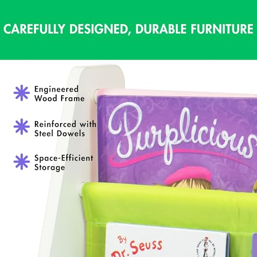 Humble Crew 4-Tier Kids Bookshelf, White Wood/Pastels - Premium Book Shelf for Kids Rooms with Four Deep Pockets - Toddler Sling Book Rack with Deep Sleeves, Nursery Bookcase Organizer