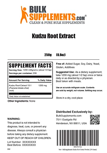 Bulksupplements.com Kudzu Root Extract Powder - Herbal Supplement Powder - Pure, Gluten Free - 1200Mg (1.2 G) Per Serving, 208 Servings (250 Grams - 8.8 Oz) #TOP1
