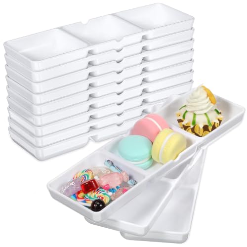 Nuogo 12 Pcs Small White Party Plastic Appetizer Serving Tray 3 Compartment