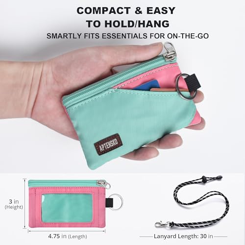 Image of RFID Blocking Travel Wallet with Adjustable Lanyard, Small Nylon Zipper Pouch and Badge Holder for ID, Credit Cards, Cash, Keys, Commuters (Mint Aqua+Pink)