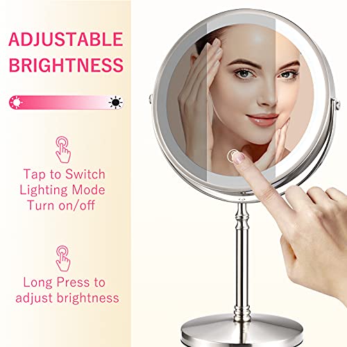 Amznevo Rechargeable 8'' Lighted Makeup Mirror, 1X 10X Magnifying Vanity Mirror With 3 Color Led Lights, Touch Sensor Adjust Brightness Double-Sided Cosmetic Mirror, Brushed Nickel #TOP3