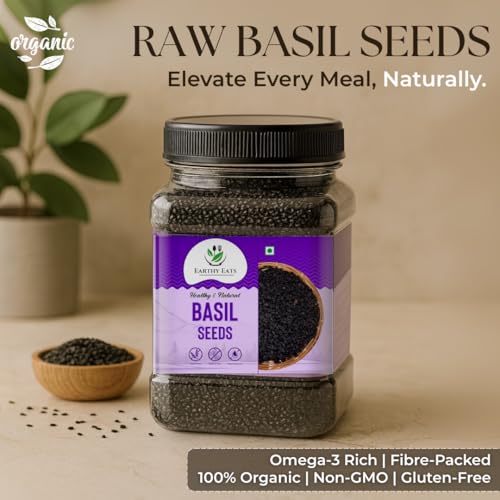 Image of Earthy Eats Raw Basil Seeds 400gm | Tukmaria Seeds | Raw Sabja Beej for Eating | Healthy Deit Snacks Smoothies, Falooda | High in Fibre & Omega 3 | Natural and Unprocessed