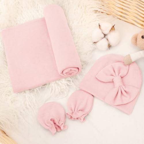 Image of AQOKKA Newborn Receiving Blanket with Bow Hat Mittens Wooden Card Set Newborns Toddler Baby Boy Girl Nursery Swaddle Wrap