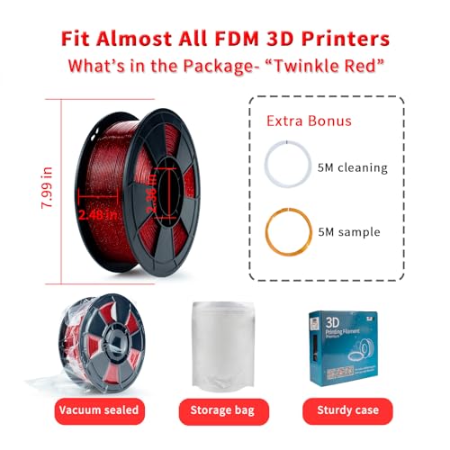 Image of ZIRO Glitter PLA Filament 1.75mm, Semi-Transparent PLA Base, 3D Printer Filament Shiny Sparkle Material with Glitter, Twinkle Series 1KG Spool, fit Most FDM 3D Printers, Twinkling Red