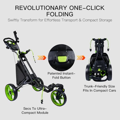 Image of XDriveMax GC03 360 Rotating 3 Wheel Foldable Golf Pull Cart for Golf Clubs,Carries Umbrella Stand and Premium Storage - Green Pack