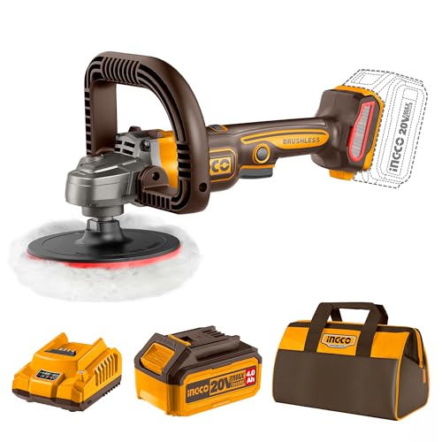 Image of INGCO 20V Cordless Rotary Polisher 180mm Car Polisher M14, 7 Variable Speed, Buffer and Sander with 1Pcs 4.0Ah Battery & Charger, 1Pcs Tool Bag