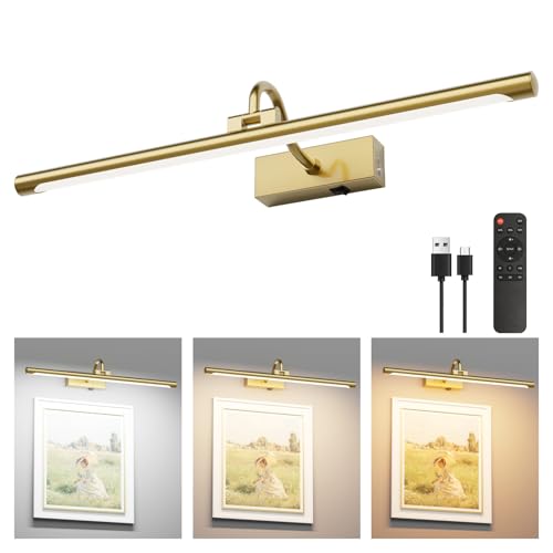 Image of Aipsun 23.6 inch Brass Picture Lights for Wall Rechargeable,12000mAh Battery Operated Art Light for Paintings,3CCT Dimmable, Rotatable Gallery Light for Pictures Display