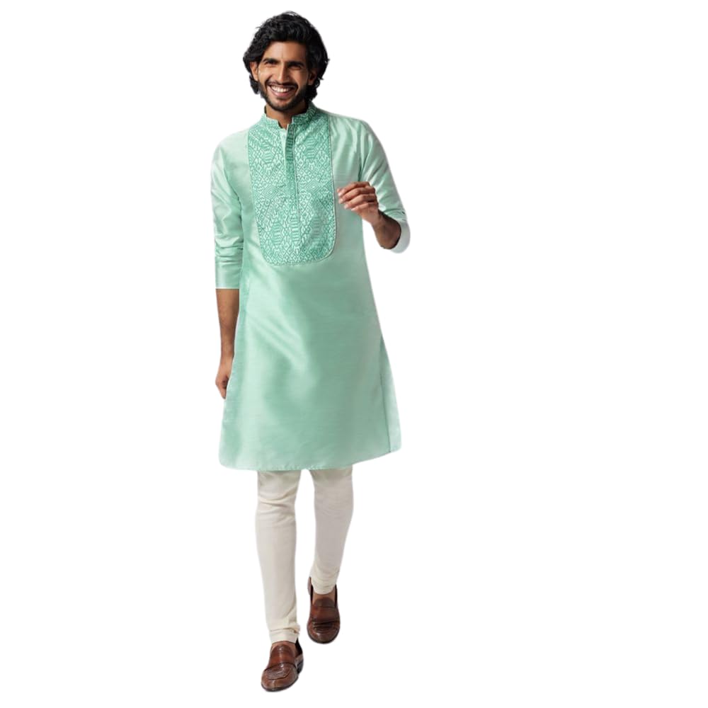 Kisah Men's Kurta, Sea Green Art Silk, Embroidered Long Sleeves Mandarin Collar Regular Fit (L)