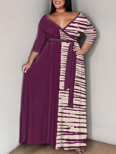 Image of SUZONANA Plus Size Maxi Dresses for Curcy Women Casual Loose 3 /4 Sleeve Long Dress with Belt
