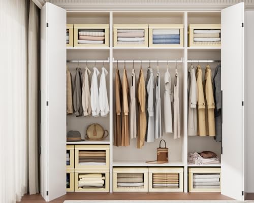 Image of Homsorout Collapsible Storage Bins with Lids - Stackable Storage Boxes with Window, 15.7 Inch Fabric Organizing Bins for Closet, Home & Office Organization Baskets, Beige, 3 Pack