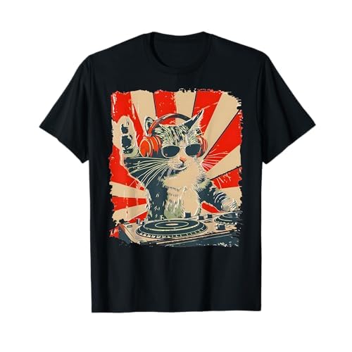 Divertido Gato DJ con Auriculares Retro Music Lover Art Camiseta