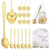 QUARKZMAN 25 Set Brautdusche Teeparty Geschenk Für Kirschblütenlöffel Herzförmiges Tee-Eier Mit Dankeskarte Netzbeutel Für Hochzeitsgeschenk Teezubehör Rückgabe-Geschenk Gold