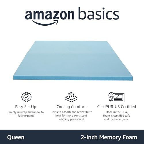 Image of Amazon Basics Queen Cooling Gel-Infused Memory Foam Mattress Topper for Better Sleep, CertiPUR-US Certified, 2 inches, Blue