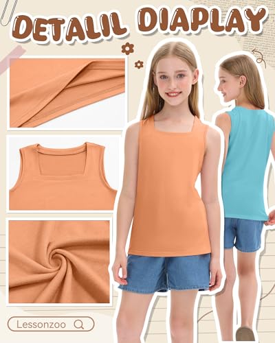 Image of 3 Pack Girls Square Neck Tank Tops | Basic, Sleeveless T-Shirts, Casual Summer Tanks, Kids Undershirts, School, Size 5-14 Years, Comfy, Elasticity
