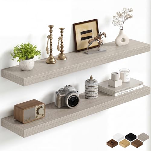 Image of Fun Memories 40Inch Floating Shelves for Wall, 8 Inch Deep Shelves for Bathroom|Bedroom|Kitchen, Large Wall Mounted Wood Hanging Shelf with Invisible Brackets for Home Storage Decor, Grey - 2 Pack