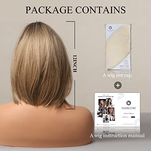 Haircube ASFTL009-1 Ash Blonde Bob Wig Short Hair Side Parting Wig Hand-Tied Hairline Shoulder Length Ombre Wig Natural Looking Synthetic Ladies Wig thumb #6