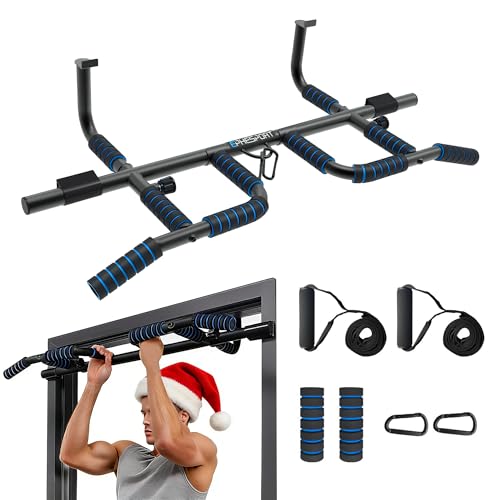 EPHESPORT New Version Pull Up Bar with Resistance Bands, No Screwing Pullup Bar for Doorway, Ergonomic Grip, USA Original Patent Design, 440 Lbs Capacity, Chin Ups Strength Training Equipment
