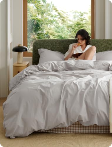 Image of Bedsure 100% Washed Cotton Duvet Cover King - Light Grey Minimalist Bedding Set Linen Like - PureWoven Plain Simple & Soft Comforter Cover for All Seasons (King, 104 inchx90 inch)