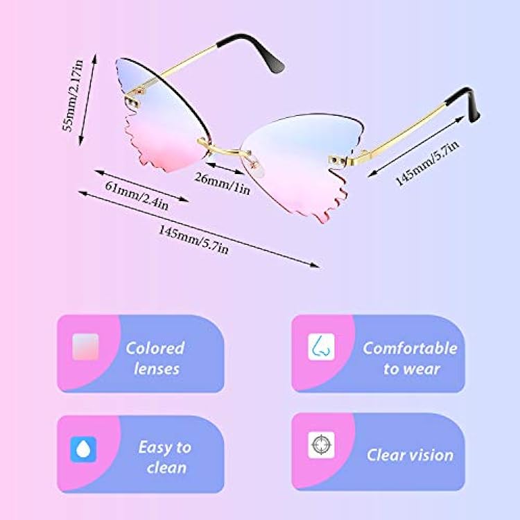 Weewooday 2 Pairs Butterfly Sunglasses for Women Men Gradient Rimless Glasses Eyewear Butterfly Wing Sunglasses(Gradient Pink & Grey)