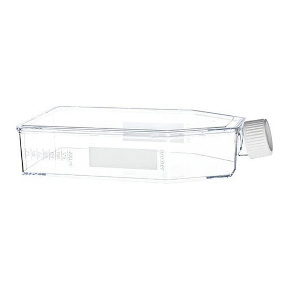 661985, CELLSTAR Polystyrene Culture Flask with Cell-Repellent Surface and White Filter Screw Cap, Sterile, 650mL, 175cm2, Pack of 4