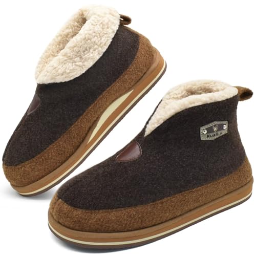 KuaiLu Zapatillas Casa Bota Hombre Invierno Fieltro Cerradas Babuchas Caballero Caliente Peluche Lana Divertidas Pantuflas Botines Comoda Microondas Slippers Antideslizante Suela Marrón 43