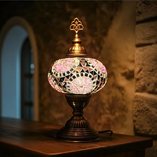 Mozaist Turkish Lamp, Mosaic Table Lamp, Antique Moroccan Decorative Glass Bohemian Vintage Lamp Shade, Small Desk Tiffany Bedside Stained Glass Lamp with US Plug and E12 Socket