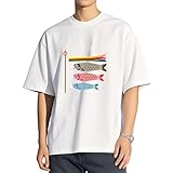 [ZKCASA] Tシャツ メンズ 半袖 鯉のぼり 和風 和柄 夏服 カットソー 7オンス 肉厚生地 綿 吸汗性 丸首 シンプル オシャレ 男女兼用 春秋冬 M