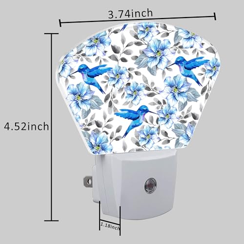 Image of Watercolor Blue Flowers and Hummingbirds Night Light for Kids Girls Boys, Blue Hummingbirds LED Night Light Plug into Wall with Dusk to Dawn Sensor for Room, Hallway, Kitchen, Bathroom, Stairs Decor