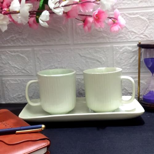 Image of Premium Ceramic Coffee Mug Set with Tray | Mugs 300 ml (Set of 2) with Matching Serving Tray | Modern Stoneware Cups | Ideal for Tea, Coffee & Gifting (Green)