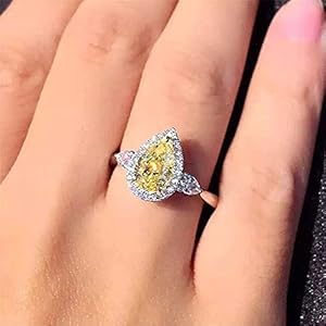 925 Sterling Silver Full Diamond Ring Shiny Citrine Ring Tear Drop 3Ct Zirconia Promise Halo Rings CZ Yellow Gem Cocktail Rings Eternity Engagement Wedding Band Ring for Women TZ.118 (US Code 7)