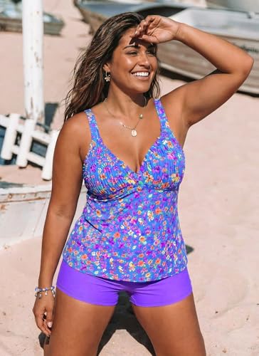 Image of ROSEWE Womens Tankini Bathing Suits, Two-Piece Smocked Swim Dress, Print Swimsuits with Board Shorts