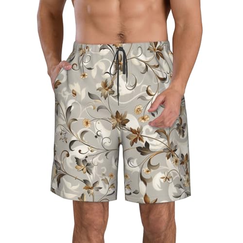 Men's Quick Dry Swim Shorts Flowers Vines Leaves Natural Elegant Gray Vintage Beach Trunks with Pockets