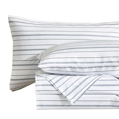 Image of MCO 4Pieces Striped Sheets Set, Breathable King Sheet Set with 16 inch Deep Pocket,Modern & Luxury, Brushed Microfiber Bedding Set(King, White)
