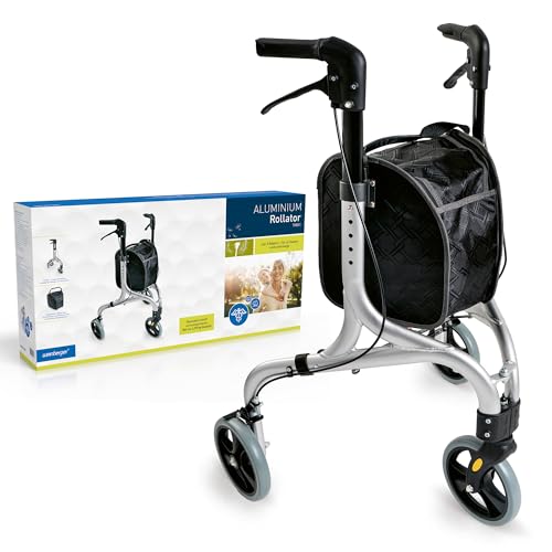 WEINBERGER faltbarer, klappbarer Aluminium Rollator mit 3 Rädern und Tasche, schmal, leicht und wendig, nur 4,2 kg, Farbe: Silber-Schwarz, Modell: 02217