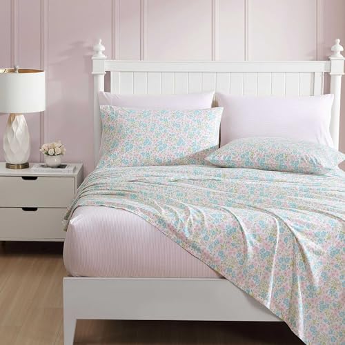 Laura Ashley - Sheet Set, Super Soft Bedding Set with Deep Pocket, Includes Matching Bonus Pillowcases, Coquette Room Decor (Jaynie Pink, Queen)