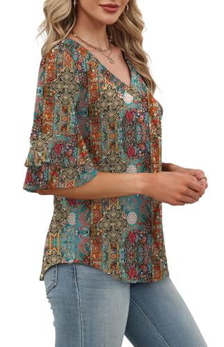 Image of OFEEFAN Spring Tops for Women Boho Shirts Fashion Clothing Cute 3 /4 Length Sleeve Blouses Dressy Casual Summer Outfits