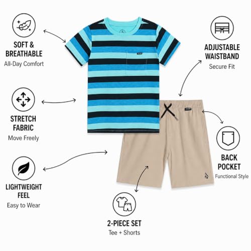 Image of Volcom Toddler Baby Boys Graphic Tee & Tech Stretch Shorts Set Short Sleeve | Soft Breathable Cotton Fabric, Adjustable Drawstring Waistband Adapts as He Grows, Comfort for Play, School or Vacation