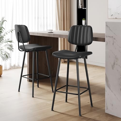 Image of Raynesys 29-Inch Leather Bar Stools Set of 4 with High Backrest, Black
