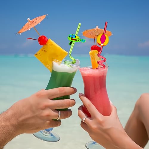 28pcs Pool Party Themed Reusable Crazy straws，Summer Beach Party Decoration Party Supplies Silly Straws，14 Design Pool Party Favors With 2 Cleaning Brushes 8 Color Straws - Thumbnail 6
