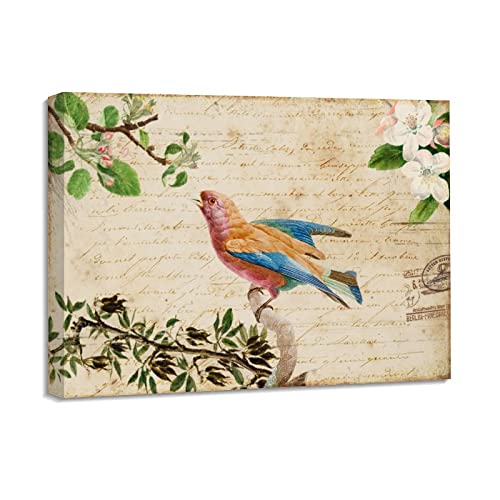 Oiseaux français sur toile et fleurs : déco murale ferme encadrée