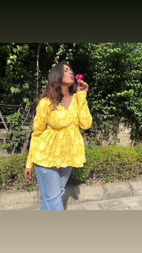 Image of Women's Floral Print Reyon Peplum Top - Casual Loose Fit 3 /4 Sleeve Tunic top, Stylish V-Neck Flared Kurti, Comfortable Everyday Wear