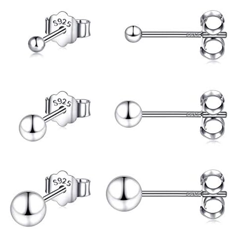 925 Sterling Silver Ball Stud Earrings Set of 3 Pairs 2mm 3mm 4mm Tiny Balls Earring Hypoallergenic Jewellery (Silver) Cover