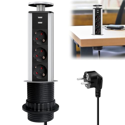 Multiprise de table escamotable avec 2 ports USB, 3 prises escamotables, 60 mm, avec câble de 2 m, multiprise encastrable, pour plan de travail, bureau, cuisine