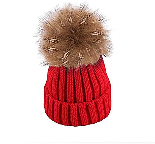 EXQULEG Warm Mütze, Echtfellbommel Pudelmütze,Winter-Mütze Bommelmütze Pelzbommel Waschbär Raccoon Pelz (Rot)