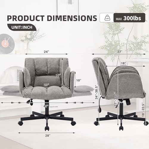 Image of Criss Cross Chair with Wheels & Outward-Folding Arms, Cross Legged Office Chair, Built-in Dynamic Airbag Lumbar Support, Wide Seat Desk Chairs for Home Office, Apartment, Vanity, Gray