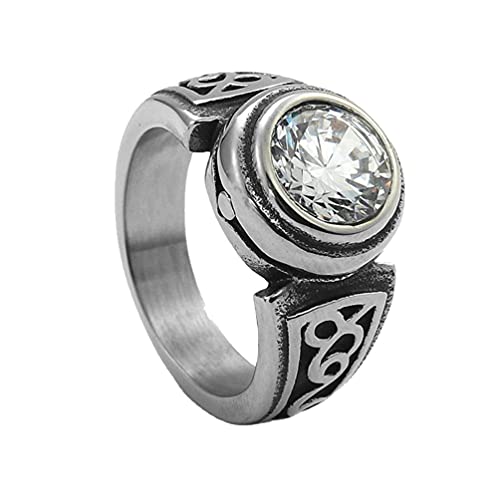 PAMTIER Unisex Stainless Steel Silver Vintage Classic Round Gemstone Signet Biker Wedding Ring