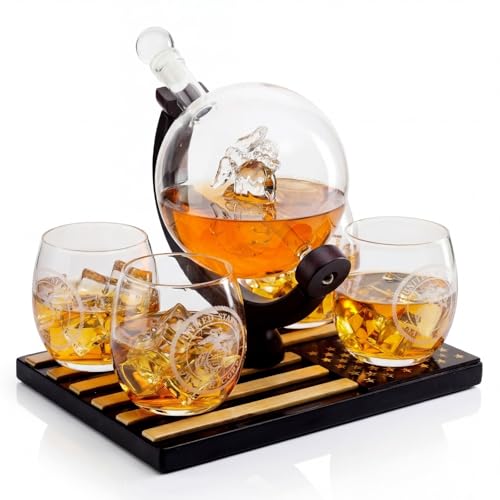 U.S. Marine Globe Whiskey Decanter Set with 4 Liquor Glasses - Wood Flag Base Marine Veteran Gift...