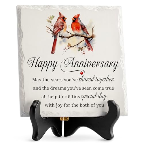 LukieJac Anniversary Couples Gifts – Cardinal Ceramic Plaque – Happy Anniversary Presents for Couples – Romantic Wedding Celebrate Keepsake Desk Decorations Christmas Gift
